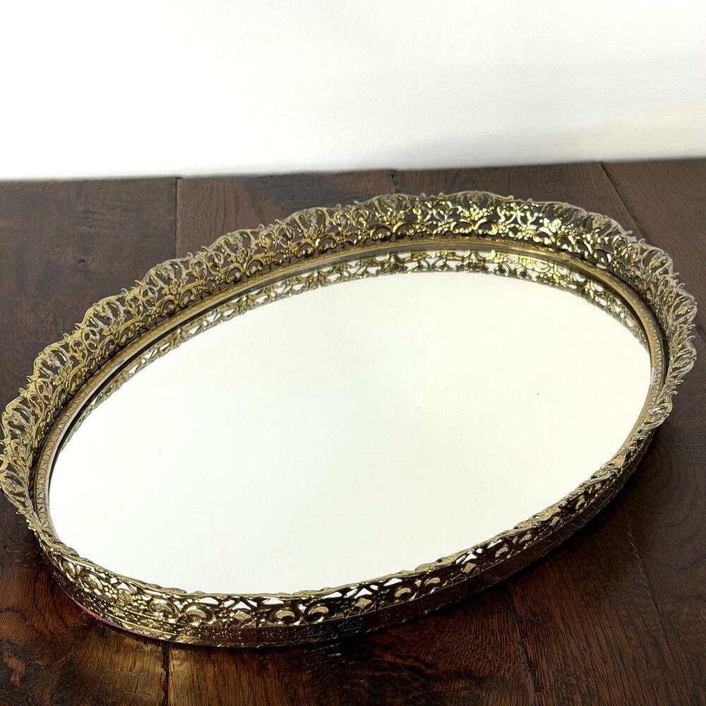 Vintage Gold Tone Filigree Mirrored Vanity Tray 13x10
